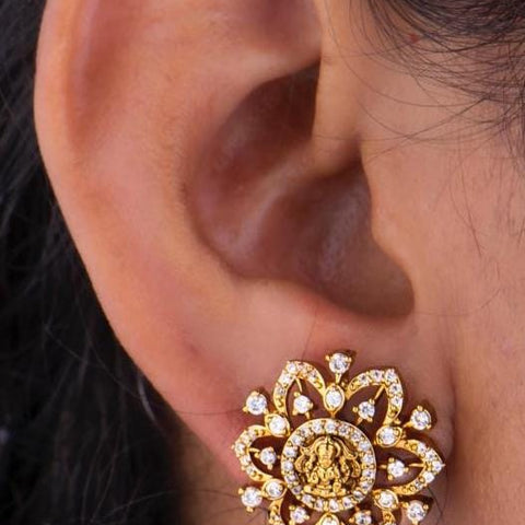 emple Design Gold-Plated Stud Earrings with Goddess Motif & Stone Detailing