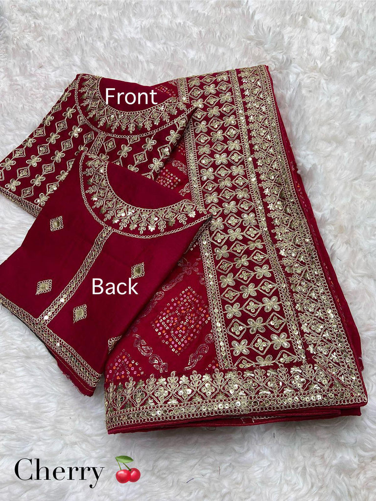 Blooming Vichitra Bandhej Saree with Heavy Pallu & Work Blouse